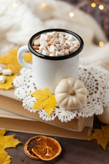 Fototapeta na wymiar Autumn composition with hot chocolate with marshmallow. Aromatherapy on a grey fall morning, atmosphere of cosiness and relax. Wooden background, window sill, close up
