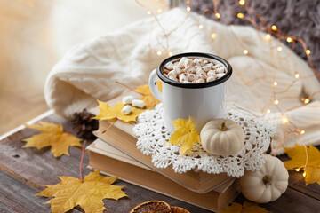 Autumn composition with hot chocolate with marshmallow. Aromatherapy on a grey fall morning, atmosphere of cosiness and relax. Wooden background, window sill, close up