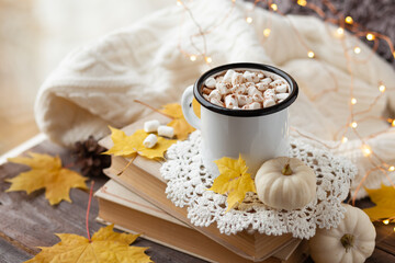 Autumn composition with hot chocolate with marshmallow. Aromatherapy on a grey fall morning, atmosphere of cosiness and relax. Wooden background, window sill, close up