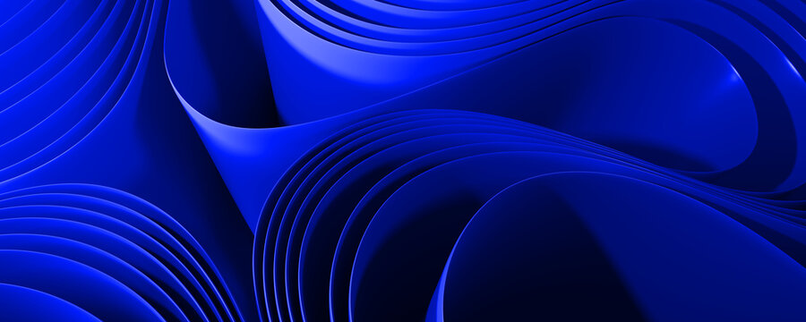 Curved dark blue paper sheets. 3D Illustration. 
