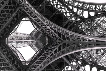 Tuinposter Eiffel tower structure black and white with birds in the sky. © Dmitry Zhukov