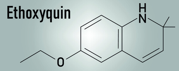 Ethoxyquin antioxidant food preservative molecule. Also used to control scald on pears. Skeletal formula.