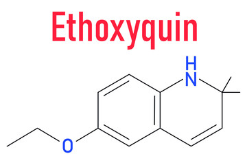Ethoxyquin antioxidant food preservative molecule. Also used to control scald on pears. Skeletal formula.