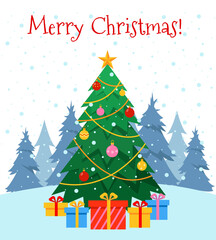 Fototapeta premium Greeting card with Decorated Christmas Tree, gifts and snow forest.