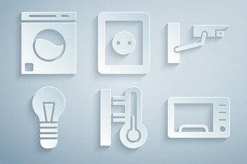 Set Meteorology thermometer, Security camera, Light bulb, Microwave oven, Electrical outlet and Washer icon. Vector