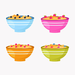 Healthy breakfast set, oatmeal for breakfast, oatmeal with blueberries and strawberries, proper nutrition, vector illustration.