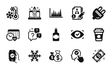 Vector set of Freezing, Financial app and Bitcoin icons simple set. Line graph, Select user and Electric plug icons. Cardio calendar, Air conditioning and Takeaway coffee signs. Vector