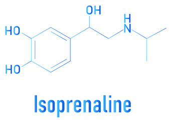 Isoprenaline (isoproterenol) drug molecule. Used in treatment of bradycardia, heart block and asthma. Skeletal formula.