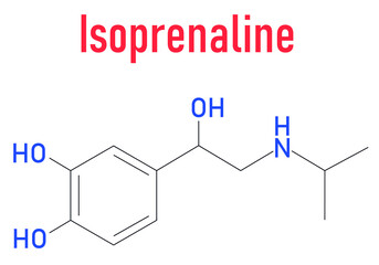 Isoprenaline (isoproterenol) drug molecule. Used in treatment of bradycardia, heart block and asthma. Skeletal formula.