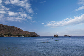 DATCA,MUGLA,TURKEY 02 Eylül 2021 :View from Hayitbuku bay near Mesudiye,Datca.Datça is a port town in southwestern Turkey. It's situated on the narrow Datça Peninsula on the Aegean Sea