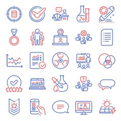 Education icons set. Included icon as Teamwork, Mobile survey, Document signs. Diagram chart, Messenger, Chemistry experiment symbols. Shoulder strap, Chemistry lab, Online video. Medal. Vector