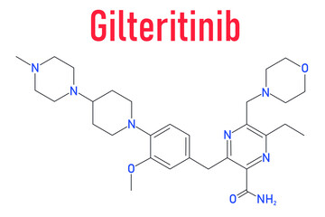 Gilteritinib cancer drug molecule (kinase inhibitor). Skeletal formula.