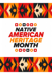 Native American Heritage Month in November. American Indian culture. Celebrate annual in United States. Tradition pattern. Poster, card, banner and background. Vector ornament, illustration