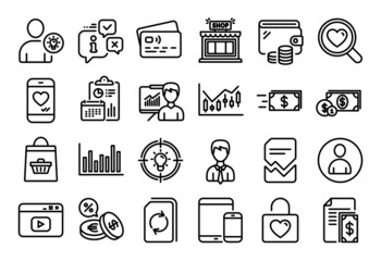 Vector set of Idea, Payment and Video content line icons set. Calendar report, Money wallet and Credit card tag. Bar diagram, Businessman and Currency exchange icons. Vector