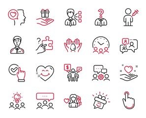 Vector Set of People icons related to Hand click, Smile and Support chat icons. Checkbox, Businessman person and Third party signs. Teamwork, Search puzzle and Meeting. Wash hands. Vector