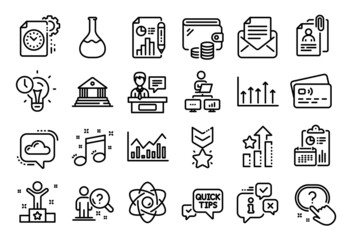 Vector set of Mail correspondence, Search employee and Question button line icons set. Calendar report, Money wallet and Credit card tag. Winner, Work home and Chemistry lab icons. Vector