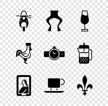 Set Scooter, Frog legs, Wine glass, Portrait museum, Coffee cup, Fleur De Lys, French rooster and Wrist watch icon. Vector