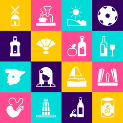 Set Olives in can, Gate of Europe, Wine bottle with glass, Beach, Fan flamenco, Orujo, Windmill and Apple cider icon. Vector