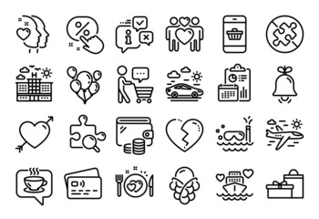 Vector set of Love, Car travel and Honeymoon cruise line icons set. Calendar report, Money wallet and Credit card tag. Discount button, Hotel and Buyer think icons. Vector