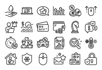 Vector set of Upper arrows, User notification and Web lectures line icons set. Calendar report, Money wallet and Credit card tag. Check investment, Thermometer and Couple love icons. Vector