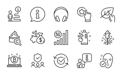 Business icons set. Included icon as Collagen skin, Loan, Bitcoin signs. Fireworks, Security agency, Approved symbols. Headphones, 5g wifi, Health skin. Clean bubbles, Organic tested. Vector