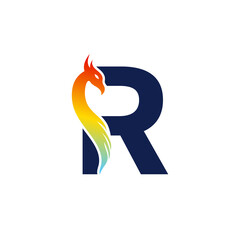Phoenix letter R logo. Abstract colorful phoenix icon integrated in letter.