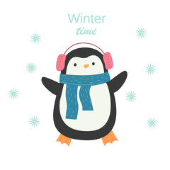 Penguin. Christmas winter animal in new year hats and scarves. Cartoon cute bird character. Stock vector illustration on a white background.