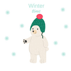 Polar bear. Christmas cute winter bear in new year hat. Northern animal. cartoon cute character. Stock vector illustration on a white background.