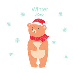 Bear. Christmas cute winter bear in new year scarve and hat. Northern animal. cartoon cute character. Stock vector illustration on a white background.
