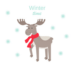 Christmas elk moose. Cartoon new year animal. Cute deer. Stock vector winter illustration isolated on white background.