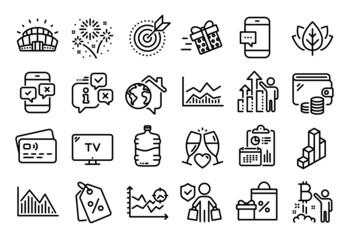 Vector set of Investment graph, Present delivery and Wedding glasses line icons set. Calendar report, Money wallet and Credit card tag. Smartphone message, Sports stadium and Shopping icons. Vector