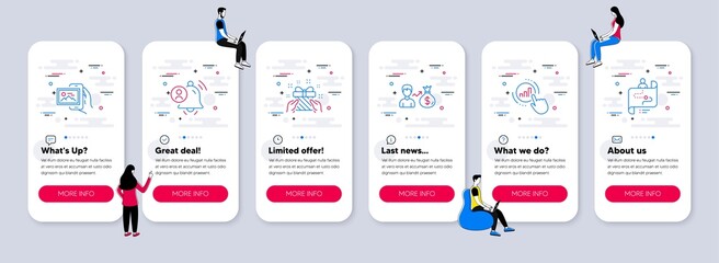 Vector Set of People icons related to Gift, Image album and Sallary icons. UI phone app screens with teamwork. User notification, Graph chart and Journey path line symbols. Vector