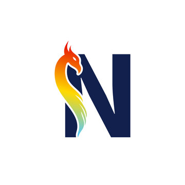 Phoenix letter N logo. Abstract colorful phoenix icon integrated in letter.