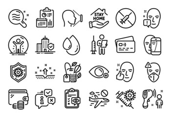 Vector set of No vaccine, Mint bag and Electronic thermometer line icons set. Calendar report, Money wallet and Credit card tag. Coronavirus protection, Cancel flight and Medical mask icons. Vector