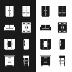 Set Wardrobe, Sofa, Refrigerator, Chair and Furniture nightstand icon. Vector