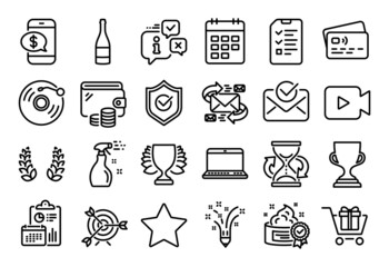 Vector set of Shopping cart, Star and Calendar line icons set. Calendar report, Money wallet and Credit card tag. Cream, Winner and Video camera icons. Vector