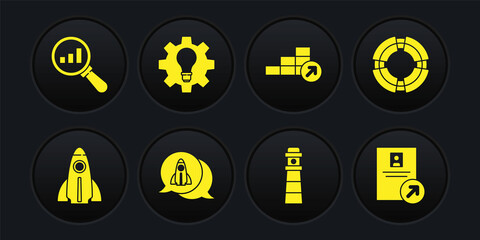 Set Startup project concept, Business lifebuoy, Lighthouse, Financial growth, bulb and gear, Job promotion and Magnifying glass analysis icon. Vector