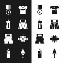 Set Boxing short, Fitness shaker, Medal, T-shirt with fight club MMA, Punch boxing gloves, Ringing bell and Punching bag icon. Vector