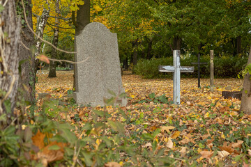 Pomnik i krzyż na opuszczonym cmentarzu - obrazy, fototapety, plakaty