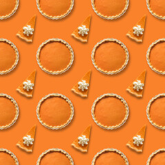 American Pumpkin Pie with whipped cream isolated on orange background. Thanksgiving Day food. Traditional dessert for festive dinner,