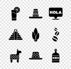 Set Tequila glass with lemon, Mexican sombrero, Hola, Pinata, bottle, Chichen Itza Mayan and Corn icon. Vector © vector_v