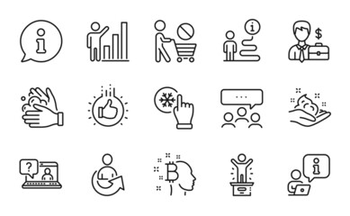 Fototapeta premium People icons set. Included icon as Wash hands, Bitcoin think, Like hand signs. Faq, Meeting, Businessman case symbols. Share, Skin care, Winner podium. Stop shopping, Graph chart. Vector