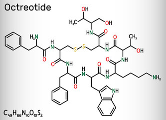 Octreotide molecule. It is octapeptide, synthetic somatostatin analogue, inhibitor of growth hormone, glucagon, insulin. Structural chemical formula