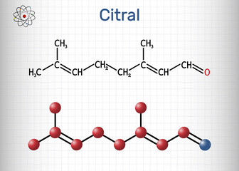 Citral, lemonal, geranial molecule. A volatile oil component, used to make other chemicals. Structural chemical formula and molecule model. Sheet of paper in a cage