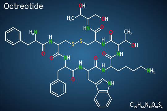 Octreotide molecule. It is octapeptide, synthetic somatostatin analogue, inhibitor of growth hormone, glucagon, insulin. Structural chemical formula on the dark blue background