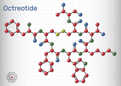 Octreotide molecule. It is octapeptide, synthetic somatostatin analogue, inhibitor of growth hormone, glucagon, insulin. Molecule model. Sheet of paper in a cage