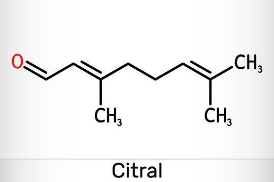Citral, lemonal, geranial molecule. A volatile oil component, used to make other chemicals. Skeletal chemical formula