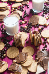 Fototapeta na wymiar breakfast with chocolate cookies and a glass of milk