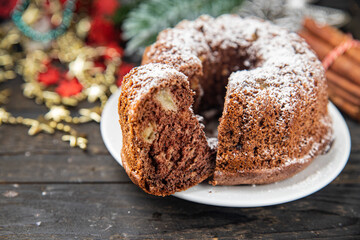 cake christmas sweets homemade cakes sweet dessert christmas card new year sponge cake chocolate holiday gift food background rustic top view copy space 