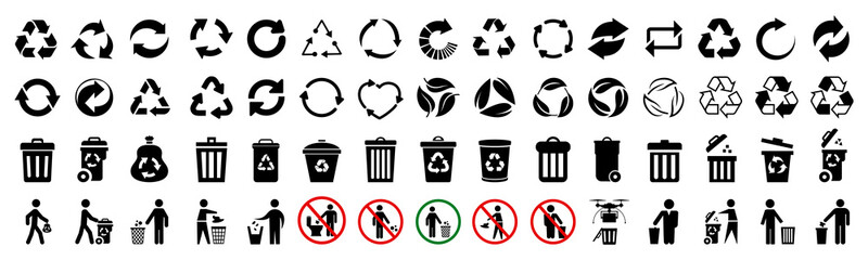 Recycle icons set, trash bin, trash can icons with man - stock vector - obrazy, fototapety, plakaty